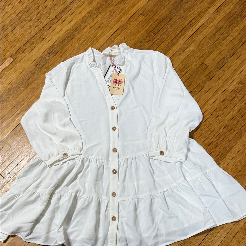 White Tiered Button V Neck Top with Wooden Buttons